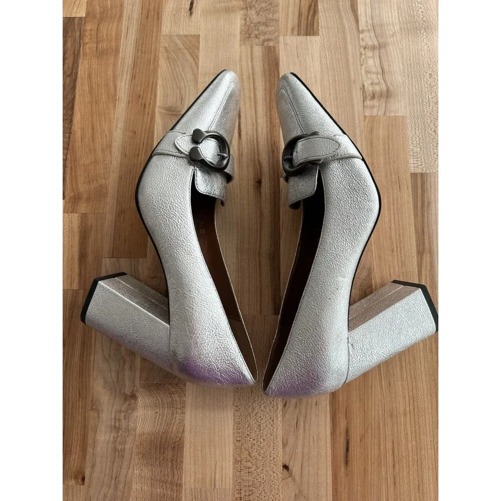 Coach Jade Pump 85mm Crackled Leather Metallic Silver Square Toe Size 9 - Picture 2 of 9